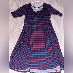 LulaRoe Ana Striped Blue and Red Dress